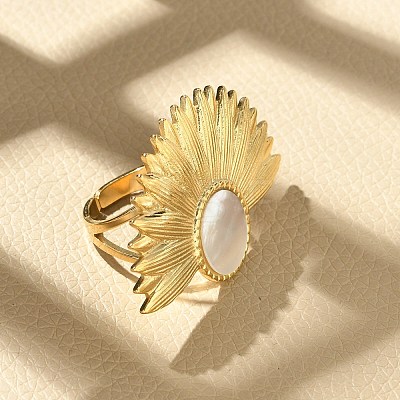 Flower 304 Stainless Steel White Shell Finger Rings for Women RJEW-G346-11G-02-1