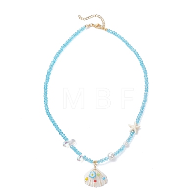 Ocean Natural Shell Copper Wire Wrapped Flower Shell Pendant Faceted Rondelle Glass and Round Shell Pearl Beaded Necklaces NJEW-TA00222-1