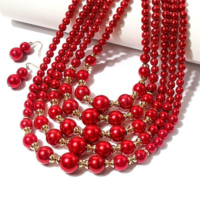 ABS Plastic Imitation Pearl Round Beaded Multilayer Necklaces & Dangle Earrings Sets WGC2095-01-1