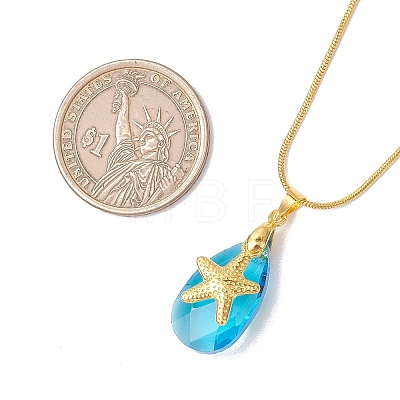 Ocean Alloy Sea Animal and Faceted Glass Teardrop Pendant Brass Round Snake Chain Necklaces for Women NJEW-JN05915-01-1
