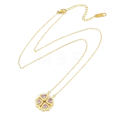 Brass Pave Cubic Zirconia Heart Clover Pendant Necklaces NJEW-K276-01G-01-1