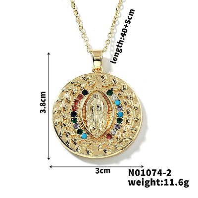 Brass Pave Cubic zirconia Flat Round with Virgin Mary Pendant Necklaces MI1997-2-1