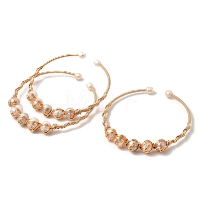 Brass Wire Wrapped Natural  Pearl Cuff Bangles for Women BJEW-D453-06G-1