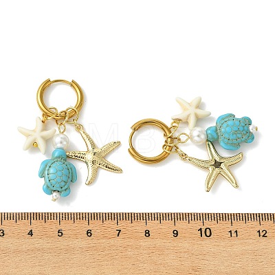 Tortoise Starfish Synthetic Turquoise & Shell Pearl Hoop Earrings EJEW-JE07149-1