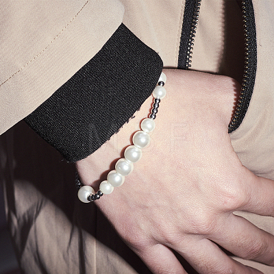 Minimalist Imitation Pearl & 304 Stainless Steel Round Beaded Stretch Bracelets KM8315-2-1