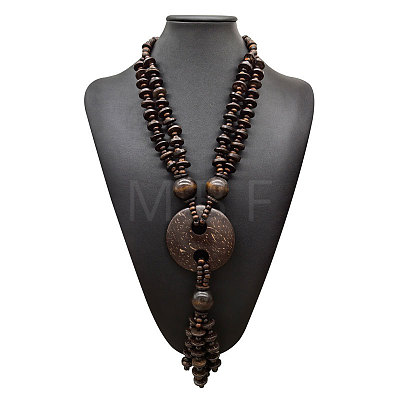 Boho Coconut & Wood Handmade Ethnic Donut Pendant Long Tassel Beaded Necklaces for Beach Vacation WGD9A0D-01-1