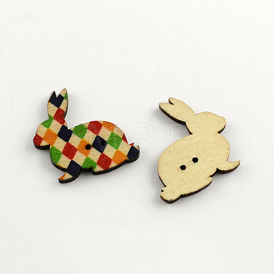 2-Hole Bunny Printed Wooden Buttons X-BUTT-R031-194-1