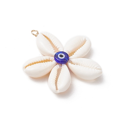 Natural Cowrie Shell with Handmade Blue Evil Eye Lampwork Pendants PALLOY-TA00274-1