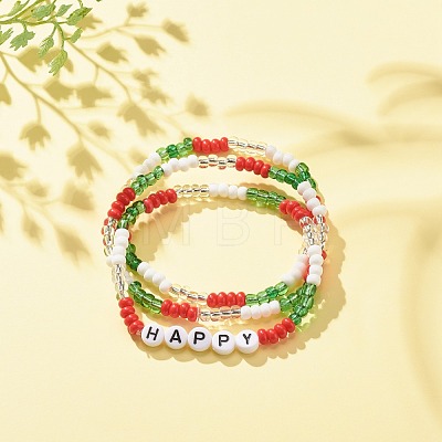3Pcs 3 Style Glass Seed Stretch Bracelets Set with Word Happy Acrylic Beads for Women BJEW-JB08202-1