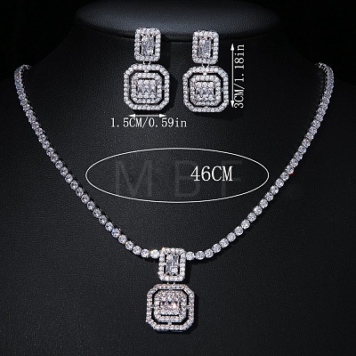 Square Brass Micro Pave Clear Cubic Zirconia Pendant Necklaces & Stud Dangle Earrings Sets FS-WG98D1F-01-1