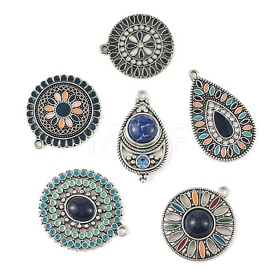 6Pcs 6 Styles Bohemian Alloy with Dyed Natural Gemstone Pendants and Alloy Enamel Pendants FIND-CJ0005-90-1
