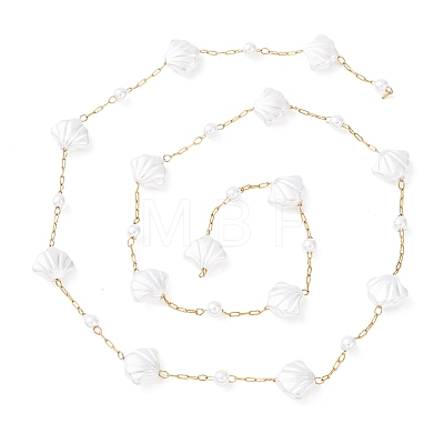 304 Stainless Steel & ABS Plastic Pearl Round & Shell Shape Bead Cable Chains CHS-G048-04G-1