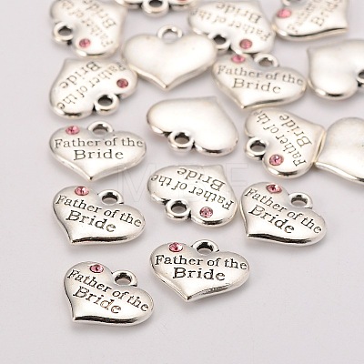 Wedding Theme Antique Silver Tone Tibetan Style Alloy Heart with Father of the Bride Rhinestone Charms TIBEP-N005-19D-1