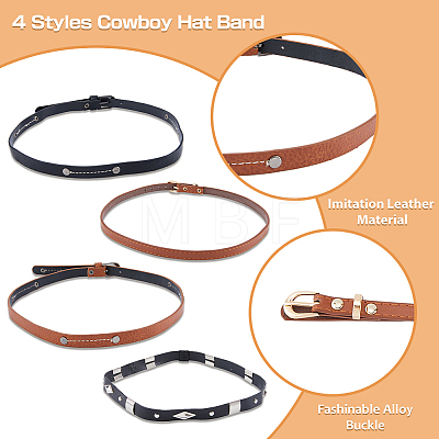 4Pcs 4 Style Imitation Leather Southwestern Cowboy Hat Band FIND-FH0006-53-1