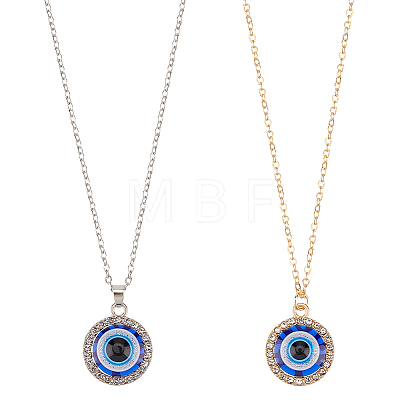 2Pcs 2 Colors Blue Plastic Evil Eye with Crystal Rhinestone Pendant Necklaces Set NJEW-AN0001-25-1