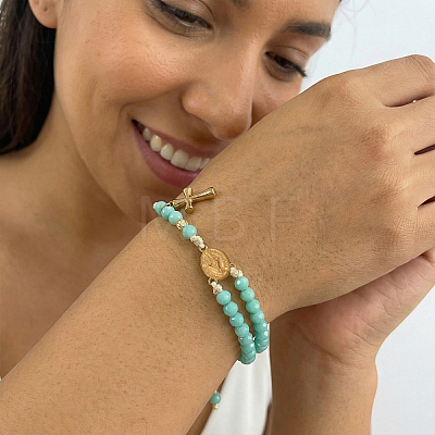 Faceted Rondelle Glass 2-Strand Braided Bead Bracelets with 314 Stainless Steel Religion Cross for Women UB2798-1