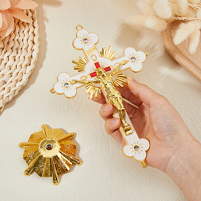 Religion Alloy Enamel Crucifix Cross Statue Display Decorations DJEW-WH0043-105C-1
