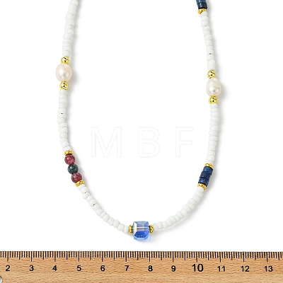 Natural Lapis Lazuli Heishi Beads & Rice Natural Pearl & Glass Seed Beaded Necklaces NJEW-JN06249-02-1
