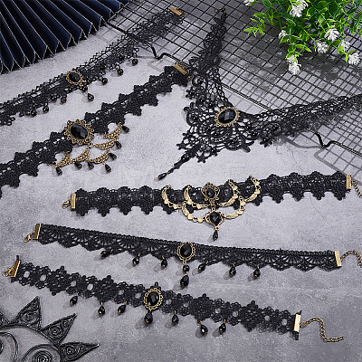 6Pcs 6 Styles Flower Lace Choker Necklaces NJEW-UN0001-65-1