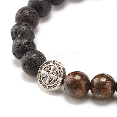 Natural Bronzite & Lava Rock Round Beads Stretch Bracelet BJEW-JB07457-1