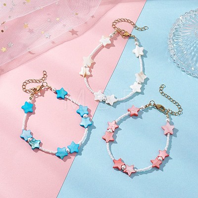 Natural White Shell Star & Glass Seed Beaded Bracelets for Women BJEW-JB13282-1