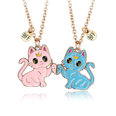 2Pcs Zinc Alloy Enamel Magnetic BFF Cat Shaped Split Pendant Friendship Necklaces for Girls FS-WG880EB-04-1