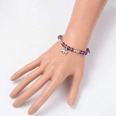 Natural Amethyst Beaded Elephant Charm Stretch Bracelets BJEW-JB01974-03-1