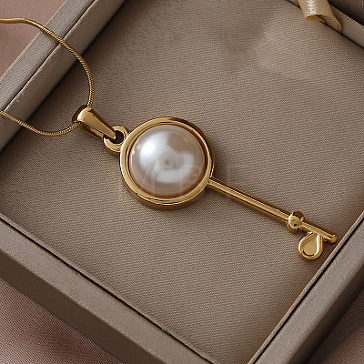 304 Stainless Steel with White Imitation Pearl Key Pendant Necklaces for Women OM7731-1