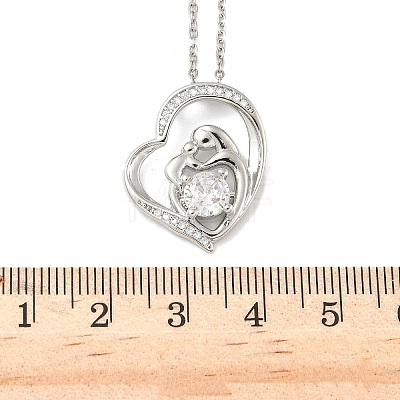 Mother's Day Brass Micro Pave Clear Cubic Zirconia Mother and Baby Heart Pendant Necklaces for Women NJEW-C085-01B-P-1