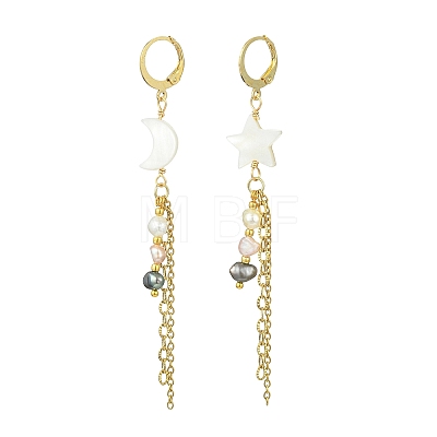 Star & Moon Natural Freshwater Shell Asymmetrical Earrings EJEW-JE07144-1