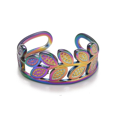 Rainbow Color Ion Plating(IP) 304 Stainless Steel Leaf Wrap Open Cuff Ring for Women RJEW-A005-10-1