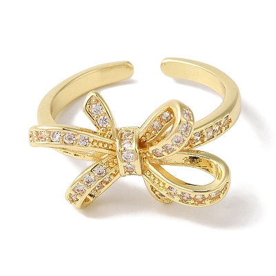 Bowknot Brass Micro Pave Clear Cubic Zirconia Open Cuff Rings for Women RJEW-C098-22G-1