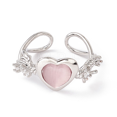 Glass Heart with Flower Open Cuff Ring RJEW-P038-01P-1