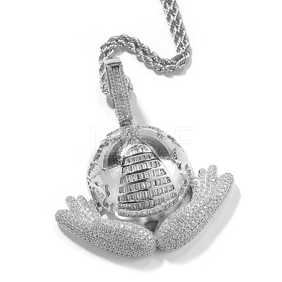 Brass Micro Pave Clear Cubic Zirconia Earth with Hands Pendant 316L Surgical Stainless Steel Rope Chain Necklaces for Men FS-WG87F27-02-1