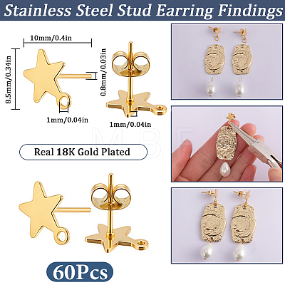 60Pcs 304 Stainless Steel Stud Earring Findings STAS-SC0021-31G-1
