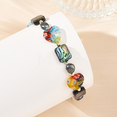Handmade Millefiori Lampwork Heart & Dyed Rice Natural Pearl & Rectangle Paua Shell Beaded Stretch Bracelets BJEW-JB14296-1