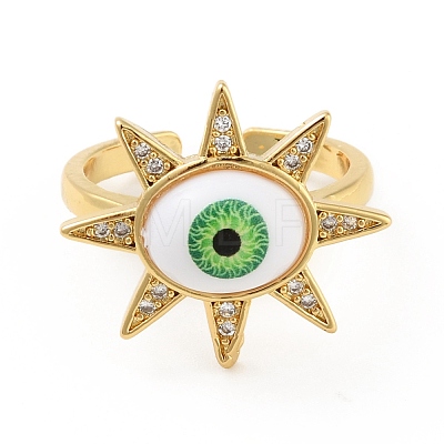 Cubic Zirconia Sun with Evil Eye Open Cuff Ring with Acrylic RJEW-B042-09G-04-1