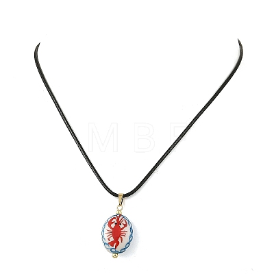 Handmade Porcelain Oval with Lobster Pendant Black Waxed Cord Necklaces NJEW-JN06564-1