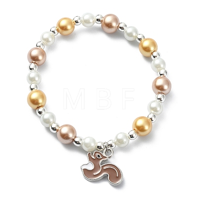 Synthetic Hematite & Glass Pearl Round Beaded Stretch Bracelet with Alloy Enamel Squirrel Charm BJEW-JB09434-1