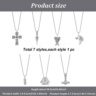 7Pcs 7 Style Arrow & Wolf & Cross & Axe & Wing Stainless Steel Pendant Necklaces Set NJEW-AN0001-44-1