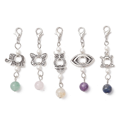 Alloy & Natural Amethyst & Natural Madagascar Rose Quartz & Shell Pearl & Natural Green Aventurine Pendant Decorations HJEW-JM04578-1