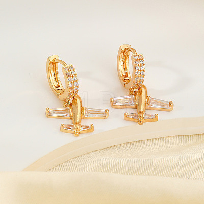 Brass Clear Cubic Zirconia Airplane Hoop Earrings HG3511-1-1