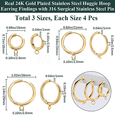 Beebeecraft 12Pcs 3 Style 201 Stainless Steel Huggie Hoop Earring Findings STAS-BBC0004-91G-1