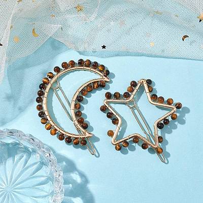 2Pcs Moon & Star Alloy with Natural Tiger Eye Hollow Hair Barrettes PHAR-JH00105-04-1