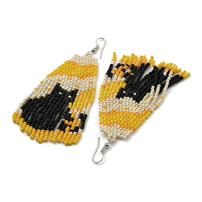 Boho Seed Bead Halloween Black Cat Tassel Earrings EJEW-Q380-05-1