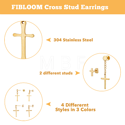 FIBLOOM 24Pcs 12 Style Stainless Steel Cross Stud Earrings with 304 Stainless Steel Pins for Women Men EJEW-FI0002-06-1