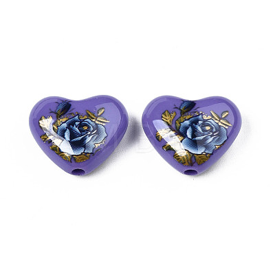 Flower Printed Opaque Acrylic Heart Beads SACR-S305-28-M01-1