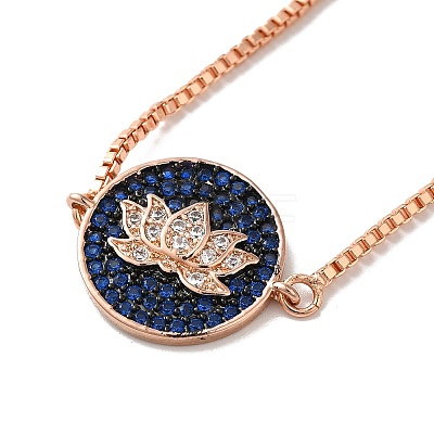 Rack Plating Brass Micro Pave Clear & Dark Blue Cubic Zirconia Box Chain Lotus Flower Link Slider Bracelets BJEW-G716-01RG-1