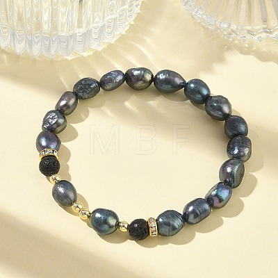 Natural Cultured Freshwater Pearl & Lava Rock Beaded Stretch Bracelets for Women BJEW-JB13714-01-1