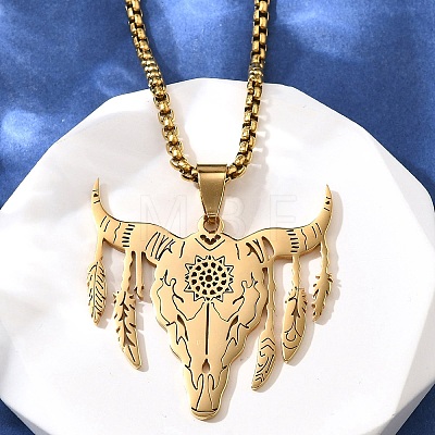 Punk Style 304 Stainless Steel Laser Cut Cattle Head Pendant Box Chain Necklaces for Women Men NJEW-E156-04G-1